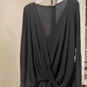 🌟 Boho Black V Neck Long Sleeve Draped Surplice Top  Size L
